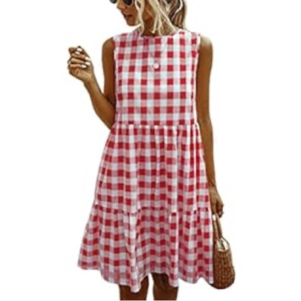 Gingham Sleeveless Casual A Line Loose Swing T Shirt Mini Dress with Pockets